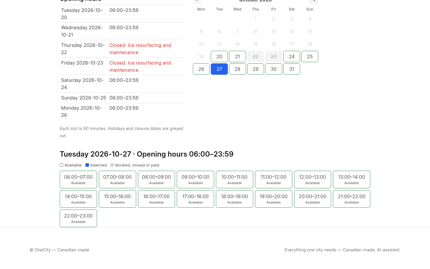 Facility time slots in OneCity Canada.