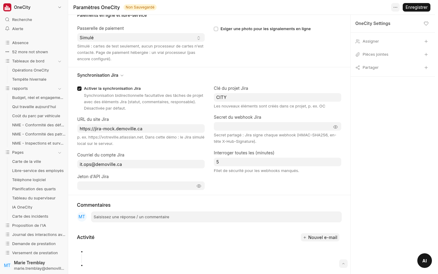 Tâche de projet dans OneCity Canada liée à un ticket Jira.
