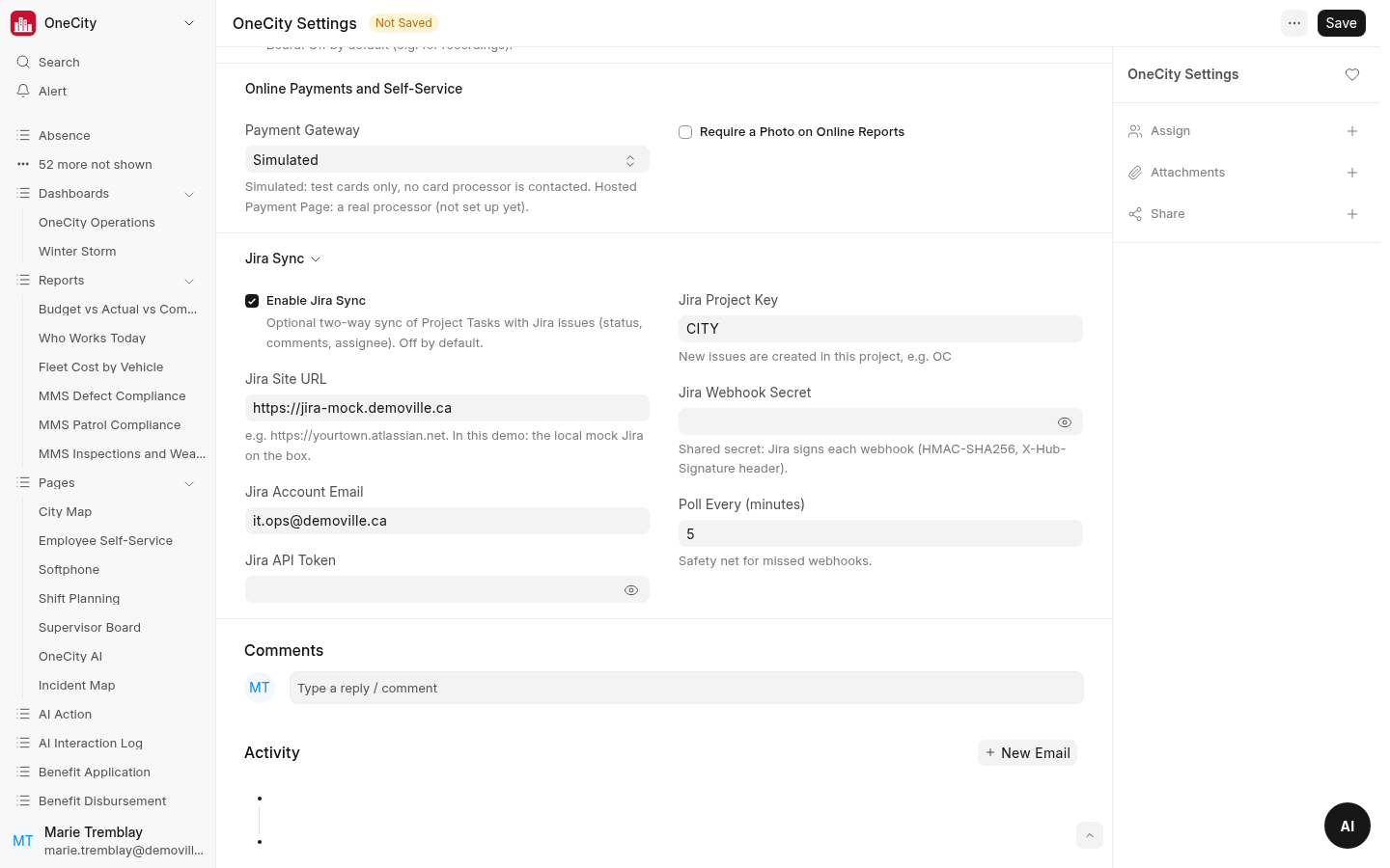 Project task in OneCity Canada linked to a Jira issue.